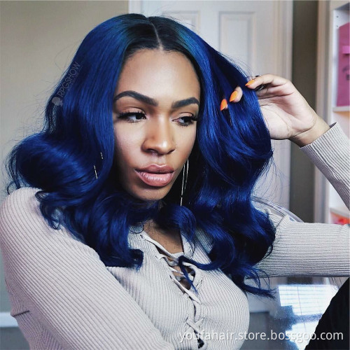 10A Human Brazilian Virgin Hair 13x4 HD Lace Front Ombre 2 Tone Pre Colored Body Wave 1b/Blue Swiss Lace Frontal with Closure